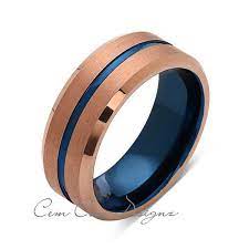 8mm Brushed Rose Gold And Blue Tungsten Ring Mens Wedding Band Blue Mens Ring Rings Mens Wedding Bands Blue Tungsten Ring Mens Wedding Rings
