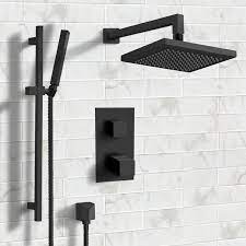 Matte Black Thermostatic Shower System With 8 Inch Rain Shower Head And Hand Shower Black Shower Rain Shower Bathroom Matte Black Shower System