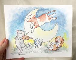 Original Nursery Rhyme Art Hey Diddle Diddle Drawing Cow Jumped Over Moon Baby Decor Cat Nursery Cat Nursery Rhyme Art Cat Nursery Watercolour Nursery Art