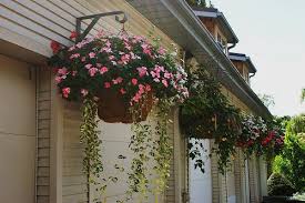 Hanging Baskets On The Garage Backyard Fence Decor Hanging Baskets Hanging Flower Baskets