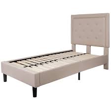 Twin Beige Fabric Upholstered Platform Bed With Button Tufted Headboard Fastfurnishings Com