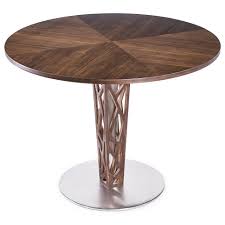 Amani light wood 48 in. Crystal 48 Round Dining Table In Walnut Veneer Column And Brushed Stainless Steel Finish With Walnut Veneer Wood Top Sadler S Home Furnishings Dining Tables