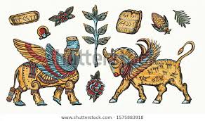Mesopotamian Goddess Lamassu And Winged Bull Ancient Sumerian Civilization Old School Tattoo Collection Cuneif Ancient Sumerian Ancient Mesopotamia Ancient