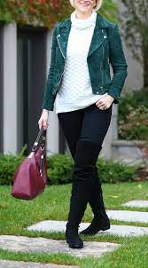 How To Style A Green Suede Moto Jacket Fabulous After 40 Green Suede Jacket Moto Jacket Outfit Leather Jacket Outfit Winter