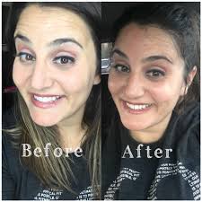 30-minute before and after with SeneGence: Climate Control Color correcting  tinted moisturizer Green and light concealer Cream beige and pearlizer  foundation Onyx for brows Garnet and sandstone pearl shimmer ShadowSense  LashSense Pouty