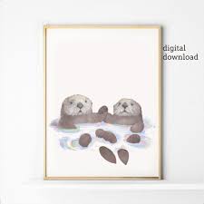 Sea Otters Holding Hands Printable Artwork Otter Love Print Downloadable Art Cute Nursery Wall Decor Wilderness Art Original Drawing In 2021 Printable Artwork Downloadable Art Otters Holding Hands