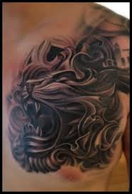 It is believed that the the male has his mouth. Dark Grey Japanese Lion Tattoo On Left Side Of Chest