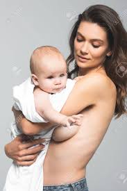 Portrait Of Nude Mother Holding Baby Boy, Isolated On Grey Stock Photo,  Picture And Royalty Free Image. Image 136058627.