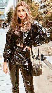 Black Pvc Pants With Matching Jacket Worn Over Lace Cropped Top Diy The Look Yourself Http Mjtrends Com Pins Php Vinyl Clothing Pvc Outfits Shiny Clothes