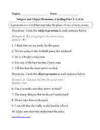 Subjective And Objective Pronouns 1 Ela Literacy L 6 1a Language Worksheet Language Worksheets Pronoun Worksheets Object Pronouns