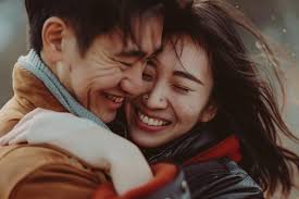 Pasangan Asia yang penuh kasih sayang berpelukan erat