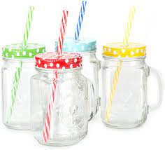 Home/container, hot sale/glass jar with metal lid and handle. Amazon Com Mason Jar Mugs With Handle Multi Colored Lids And Plastic Straws 16 Oz Each Old Fashion Drinking Glasses Pack Of 4 By Premium Vials Kitchen Dining