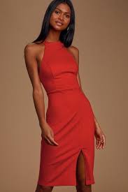 Can T Touch This Bright Red Halter Bodycon Midi Dress Midi Dress Bodycon Pretty Midi Dresses Black And White Cocktail Dresses