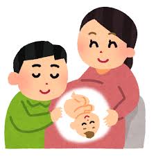 妊娠中の夫婦のイラスト「お腹に耳を当てるお父さん」 | かわいいフリー素材集 いらすとや さん