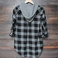 Black And Grey Flannel Shirt Black Grey Plaid Flannel Shirt With Detachable Hood Plaid Flannel Shirt Flannel Shirt Fashion