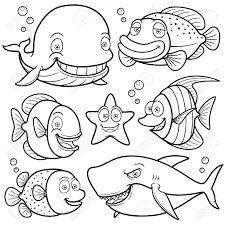 Illustration Of Sea Animals Collection Coloring Book Coloring Books Sea Animals Drawings Shark Coloring Pages