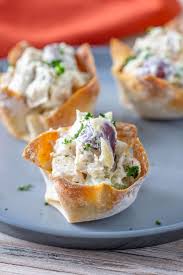 For the wonton cups, i am using square wonton wrappers that i bought from safeway. Chicken Salad Wonton Cups Stetted