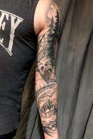 Tattoo Uploaded By Darcy Nutt Fish Rainbowtrout Trout Blackandgrey Blackandgray Landscape Sleeve Tattoos Mens Sleeve Tattoo Designs Tattoo Sleeve Men
