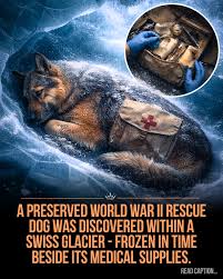 High in a Swiss glacier, climbers uncovered something frozen in time — a World War II rescue dog preserved beneath decades of ice, still wearing its Red Cross saddlebag. 🗺️🧊 Inside the