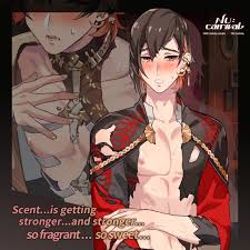 yakumo (nu carnival), nu carnival, official art, 1boy, blouse, blush, bone  print, brown hair, chain, chinese clothes, ear piercing, english text,  looking at viewer, male focus, multicolored hair, nipples, orange eyes,  orange