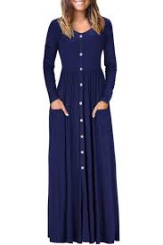Navy Blue Button Front Pocket Style Casual Long Dress Long Dress Casual Maxi Dresses Casual Maxi Dress With Sleeves