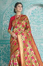 Fawn Gold Red Multicolor Woven Paithani Saree In 2020 Saree Silk Sarees With Price Peacock Design