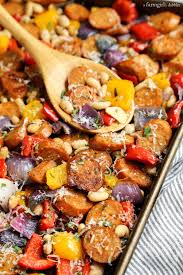 Sheet Pan Italian Chicken Sausage With White Beans And Peppers Recipe Chicken Sausage Recipes Italian Chicken Sausage Stuffed Peppers