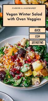 Winter Salad With Couscous Quinoa Roasted Veggies And Turmeric Dressing Recipe In 2020 Breakfast Recipes Indian Winter Salad Vegan Breakfast Recipes Healthy