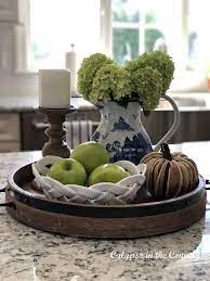 Round Tray Vignette With Hydrangeas On The Kitchen Island Kitchen Tray Decor Round Tray Decor Kitchen Table Decor