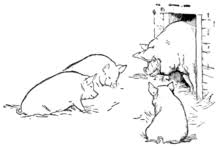 The three little pigs is about three pigs that try to build a house but the big bad wolf tries to blow it down. The Three Little Pigs Wikipedia