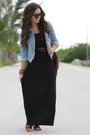Black Maxi Dress Love It With The Brown Belt And Sandals And Denim Jacket Black Maxi Dress Outfit Fashion Maxi Dress Outfit
