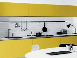 Kitchen Ideas Matching Yellow Kitchen Cabinet Featuring White Tile Backsplash Also Gray Countert Yellow Kitchen Decor Kitchen Design Small Kitchen Design Color