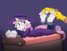 1064188 - suggestive, sweetie belle, anthro, blushing, crying, feet,  bondage, plantigrade anthro, barefoot, griffon, laughing, toes, horn ring,  tickling, cuffs, soles, magic suppression, tickle torture, bondage  furniture, stocks, bondage gear, tears of