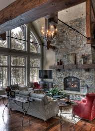 Fearless Living Room Decor Rustic Great Room With Stone Fireplace And Wall Of Windows Www Bocadolobo Com Livingroomdecor Rustic Fireplaces
