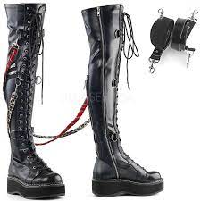 Emily Bondage Strap Low Platform Thigh High Gothic Boot | Demonia