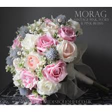 Wedding Bouquet With Lilac Thistle And Pretty Pink Roses Artificial Wedding Flowers With Pearl D In 2020 Pink Wedding Theme Thistle Wedding Artificial Bridal Bouquets