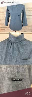 2epure French Chambray Foldover Mock Collar Blouse Collar Blouse Chambray Blouse