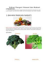 Pangan dari bahan nabati terbuat dari tanaman tumbuhan seperti sayur dan buah buahan sedangkan makanan hewani terbuat dari binatang hewan ikan ayam sapi dan lainnya. Bahan Pangan Hewani Dan Nabati