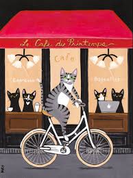 French Cafe Cat On A Bicycle Original Folk Art Painting Cat Art Illustration Cat Art Folk Art Painting
