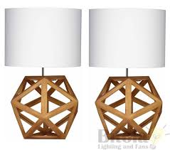 Pair Of Hexagon Bedside Lamps Table Blonde Wood Base White Shade Scandinavian Lamp Bedside Lamp Table Lamp