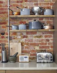 Modern Rustic Kitchen With Exposed Brick Wall And Shelving Rustic Kitchen Rustic Modern Kitchen Rustic Kitchen Design
