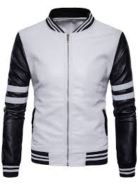 Stripe Zip Up Faux Leather Baseball Jacket White S Vestimenta Casual Hombres Moda Ropa Hombre Ropa Masculina