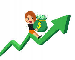 Wall street cierra con ganancias; Empresaria De Dibujos Animados Con Bolsa De Dinero En Flecha Verde Vector Premium