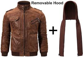Flavor Men Brown Leather Motorcycle Jacket With Removable Hood At Amazon Men S Clothin Brown Leather Motorcycle Jacket Leather Bomber Jacket Leather Jacket Men