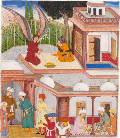 An illustration from Nizami's Iskandarnama from the Khamsa: An angel bringing a message for Iskandar, India, Mughal, circa 1600