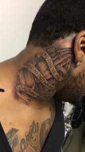 Praying Hands Tattoo On The Neck Done By Kintoz Black Rosary Art Collective 808 Mafia Side Neck Tattoo Neck Tattoo For Guys Best Neck Tattoos
