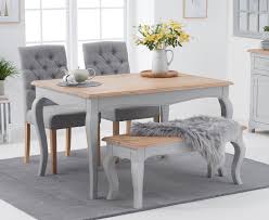 Boho chic dining room is a decorative design which is created by mixing traditional indian look with modern style. Parisian 130cm Grey Shabby Chic Dining Table With Claudia Grey Fabric Chairs And Bench
