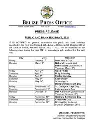 Belize Announces The Public And Bank Holidays For 2021 Public Holidays News