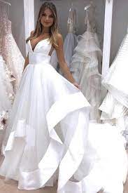 Fashion V Neck High Low A Line High Quality Beach Wedding Dresses Bridal Gowns Dress Ld2107 Boho Wedding Gowns Long White Wedding Dress Wedding Dresses Satin