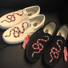 Black And White Custom Vans Slip Ons Gucci Custom Vans Slip On Custom Vans Shoes Vans Shoes Slip On Shoes